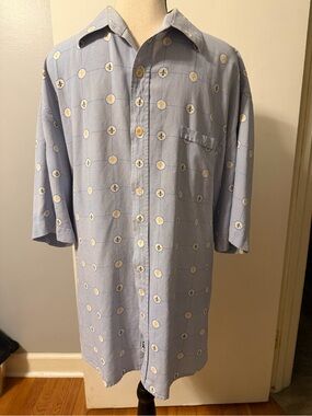 Nat Nast Blue and White Striped Printed 100% Silk XL Button Shirt